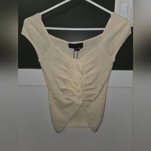 Zara Yellow Cream Knit Short-Sleeve Ruffle Front Top